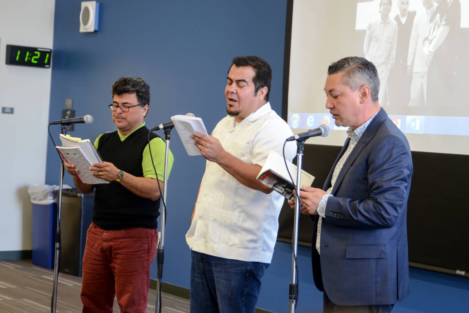 Tomás Riley, Adrian Arancibia and Adolfo Guzman-Lopez from the Latin spoken-word collective Taco Shop Poets performed and told the story of the formation of the group during a special reunion event at San Diego Mesa College on April 11.